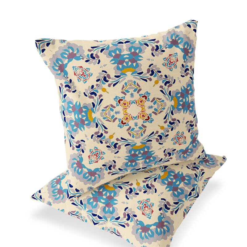 HomeRoots Set of Two 16" X 16" Blue and Off White Blown Seam Eclectic Indoor Outdoor Throw Pillow - 16.00' X '16.00' X '5.00