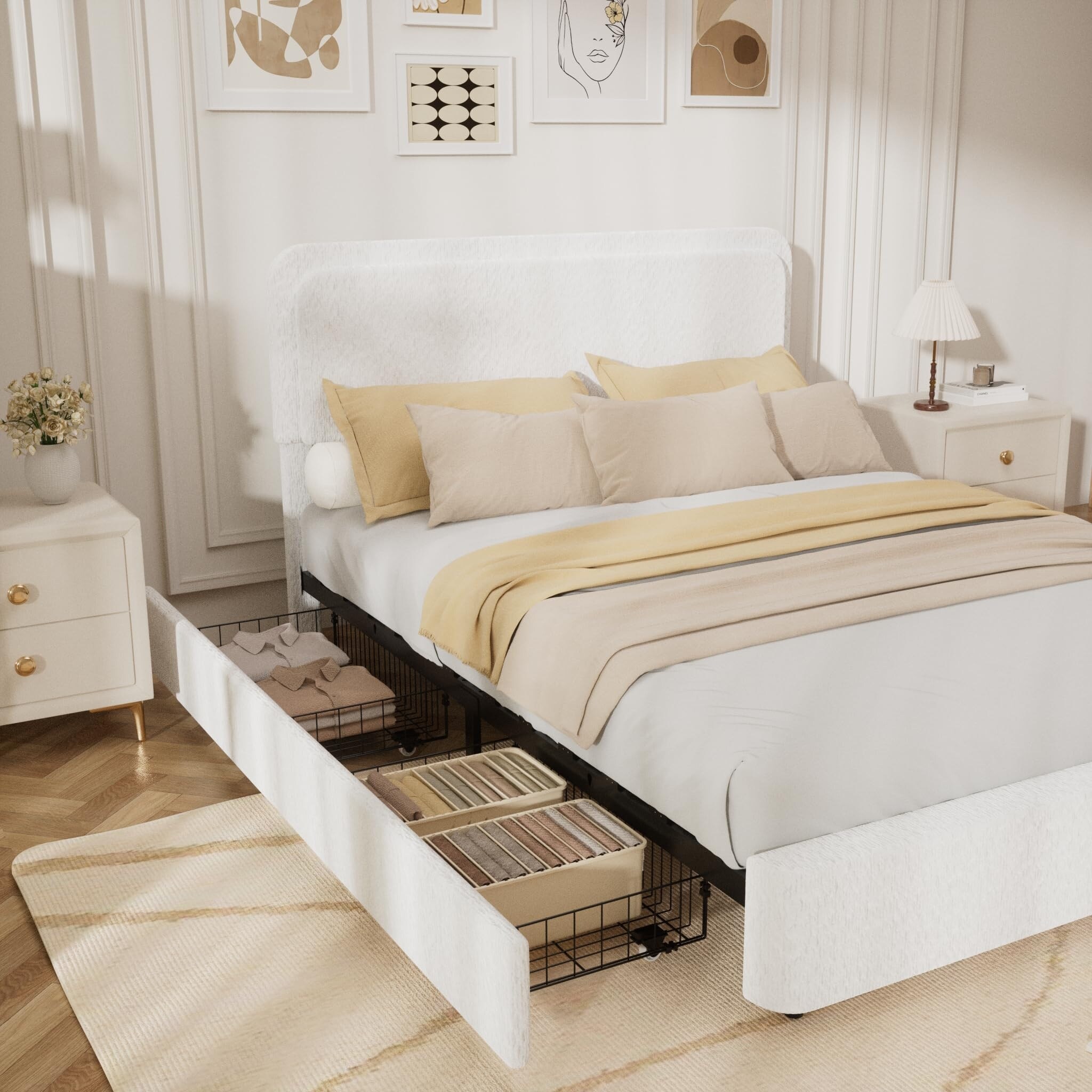 Bed Frame, Boucle Upholstered Bed Frame with Headboard, 2 Storage Drawers