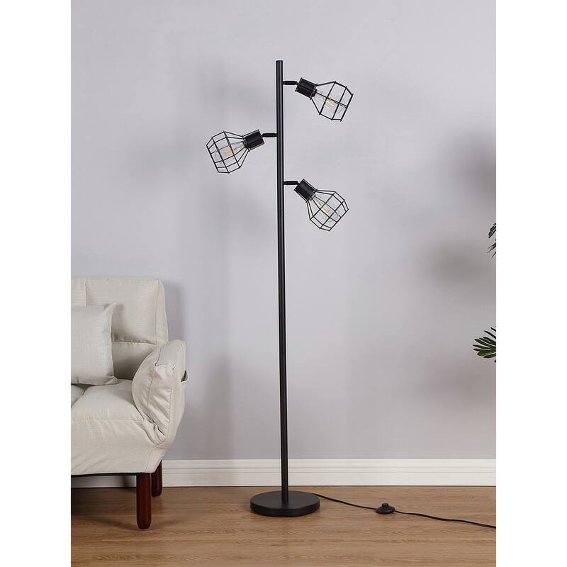Brightech Robin 64 in. Classic Black Industrial 3-Light Adjustable LED Floor Lamp with 3 Black Metal Cage Shades