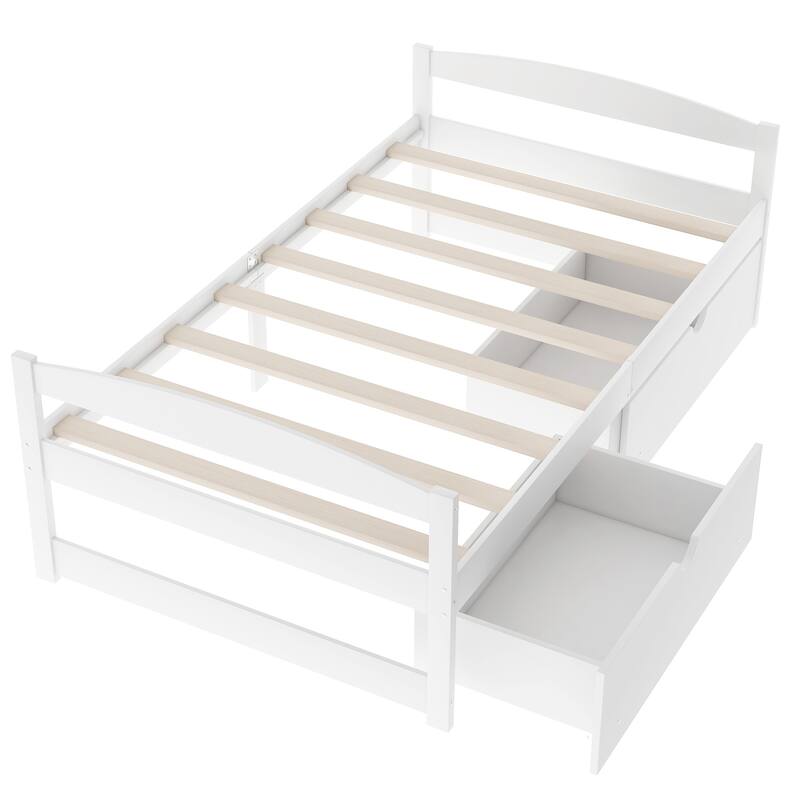 White Twin Size Platform Bed with Two Storage Drawers