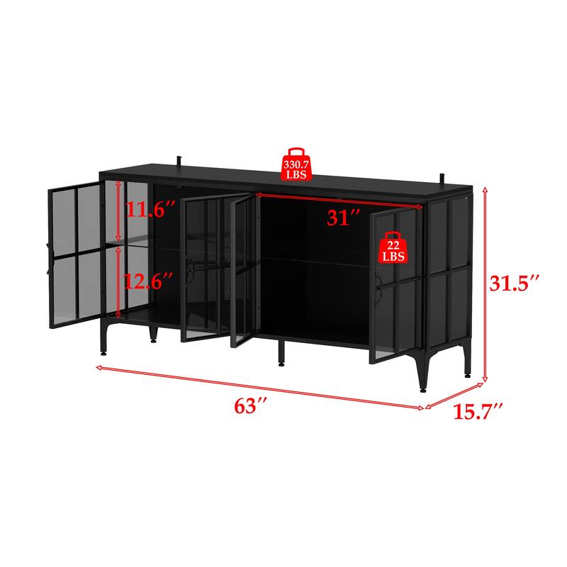 63" Black Glass Door Sideboard Cabinet with LED Lights, Metal Frame Storage Buffet Cabinet Wine Cabinet