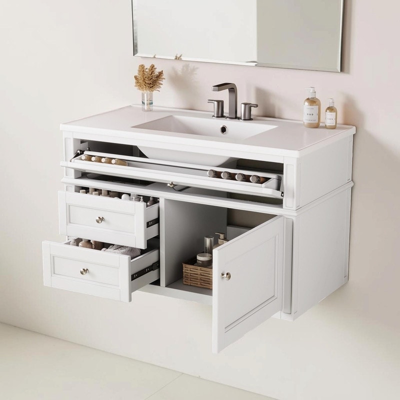 36" Wall Mount Floating Bathroom Vanity with 3-Hole Ceramic Sink, 2 Regular Drawers & 1 Tip-out Drawer