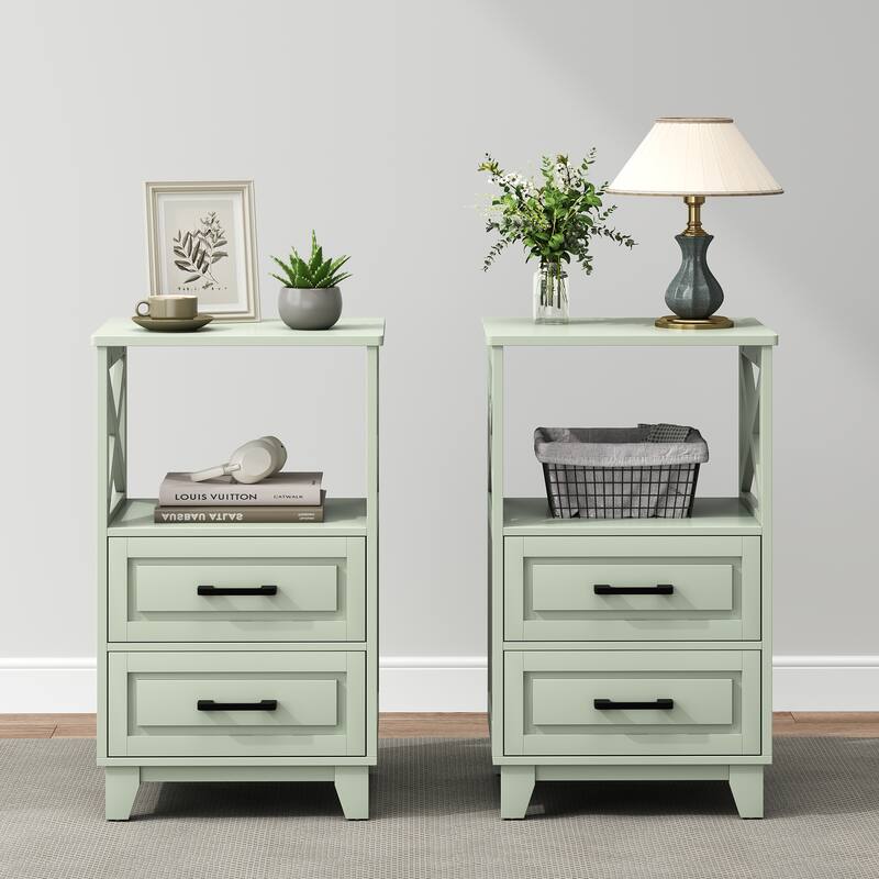 Tall Nightstand with 2 Drawers and Open Shelf Above, Set of 2