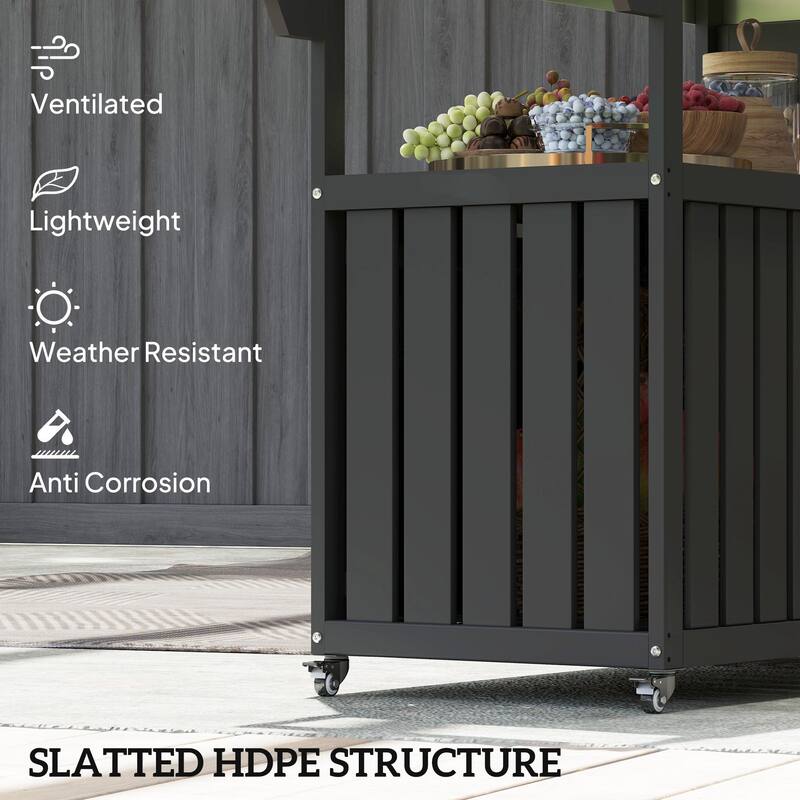 Stainless Steel and HDPE Outdoor Bar Cart with Cabinet, Hooks, and Swivel Casters Mobile Serving Table