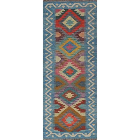 Geometric Kilim Oriental Runner Rug Flatweave Wool Carpet - 2'3"x 6'10"