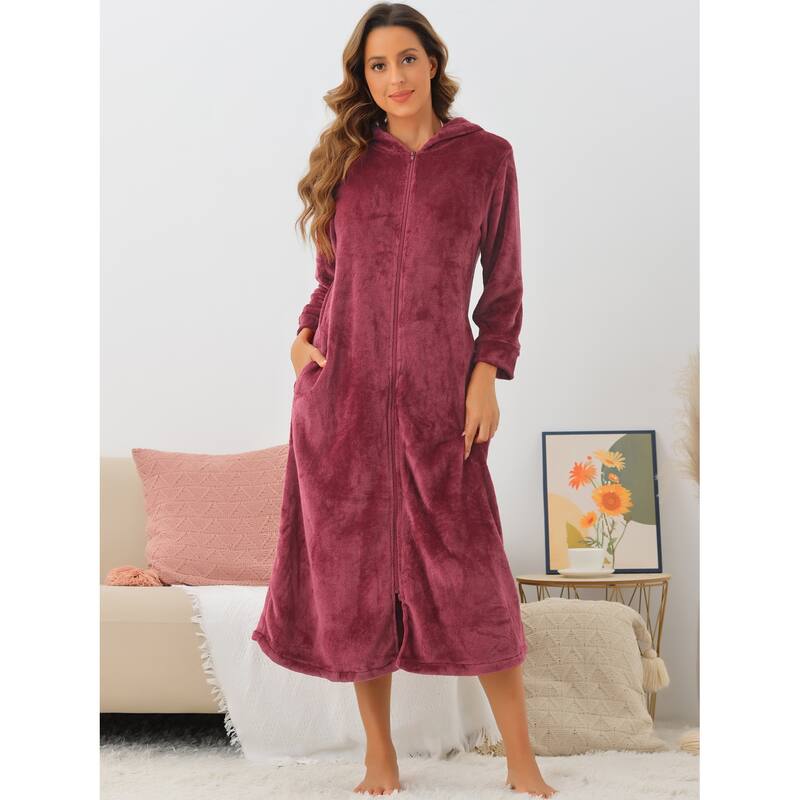 Womens Flannel Robe Fluffy Plush Long Zip Front Bathrobe with Pockets Warm Soft Zippered Bathrobes - Red - M