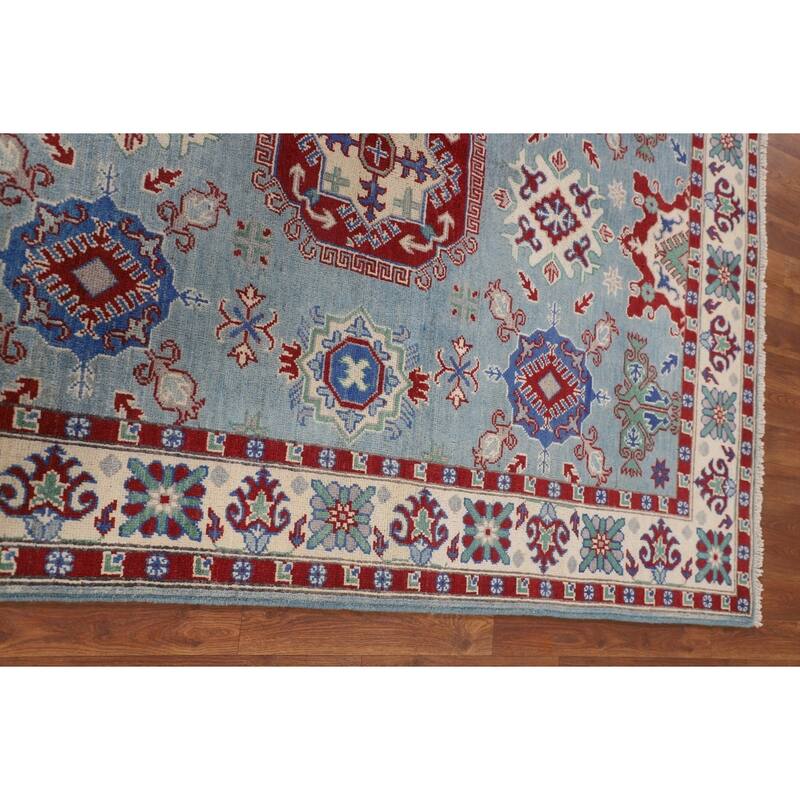 Light Blue Geometric Kazak Rug Handmade Wool Carpet - 4'11" x 6'6"