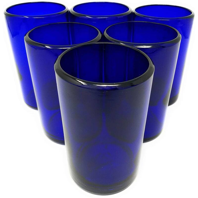 Dos Sueños Hand Blown Mexican Drinking Glasses - Set of 6 Cobalt Water Glasses (14 oz each) - Set of 6