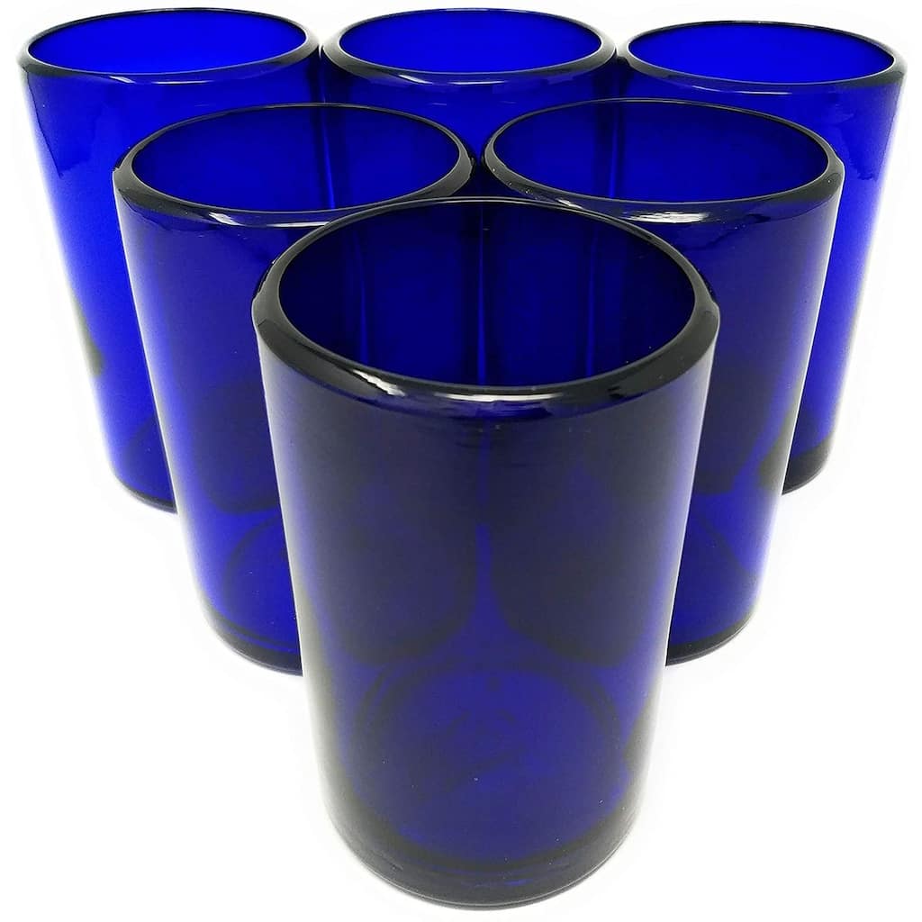 Dos Sueños Hand Blown Mexican Drinking Glasses - Set of 6 Cobalt Water Glasses (14 oz each)