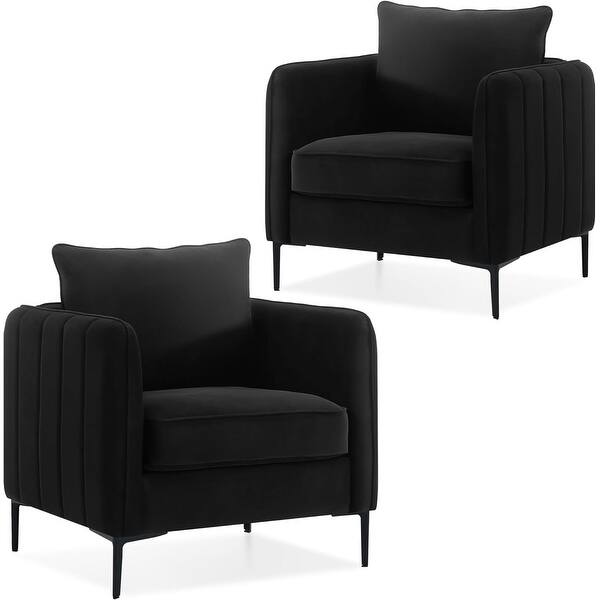 Set of 2 Black Velvet Accent Chairs with Wood Frame and Thick Cushion ...