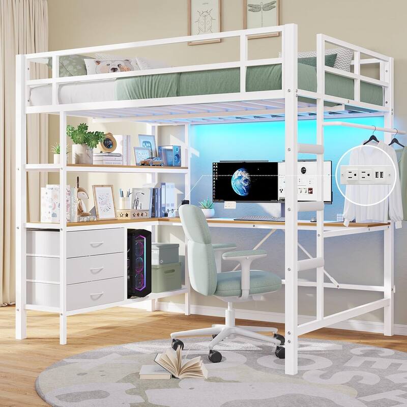 Loft Bed with L-Shaped Desk Charging Station Metal LED Lights 3 Fabric Drawers - White - Full