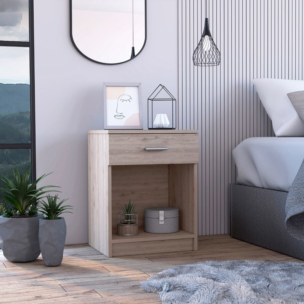 Minimalist Light Grey Nightstand with Drawer and Open Shelf