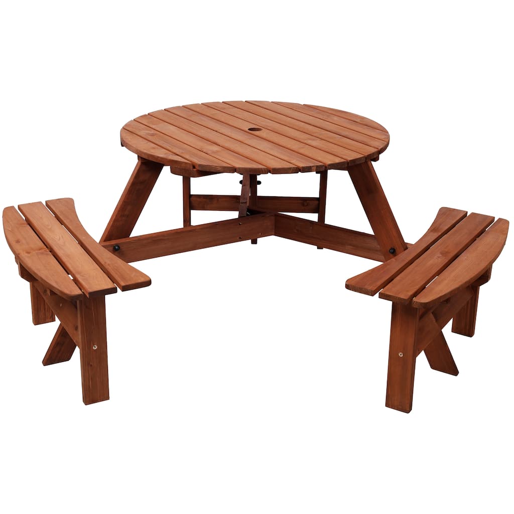 Minimalist Picnic Table Set Brown Outdoor Table Set with 3 Built-in Benches & Umbrella Hole for Garden