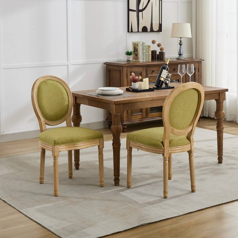 French Style Solid Wood Frame Antique Painting Linen Fabric Back Dining Chair,Set of 2