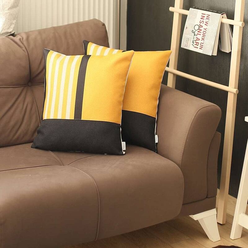 HomeRoots Set Of Two 18" X 18" Yellow Striped Zippered Handmade Polyester Throw Pillow