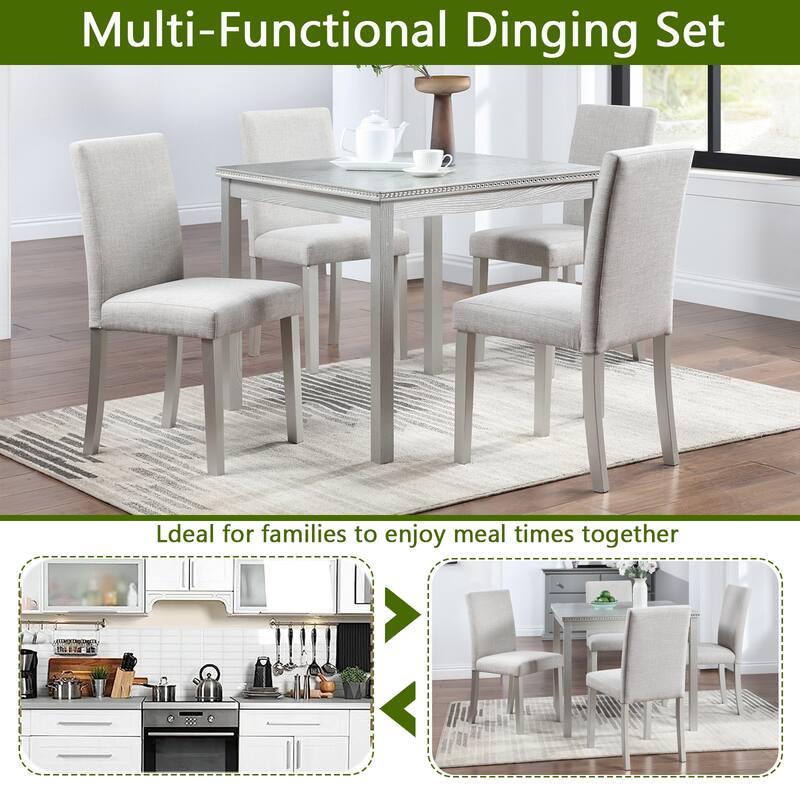 GDFStudio - Hamilton 5-Piece Classic Crystal Tabletop Square Wooden Dining Table Set with 4 Upholstered Dining Chairs