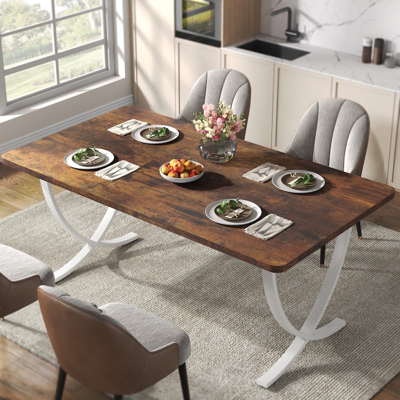 Rectangular Dining Table for 4 to 6, 63 Inch Modern Kitchen Table with Faux Marble Table Top and Metal Legs - Rusic brown & White