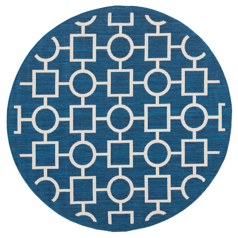 SAFAVIEH Courtyard Sharlene Indoor/ Outdoor Waterproof Patio Backyard Rug - 6'7" Round - Navy/Beige