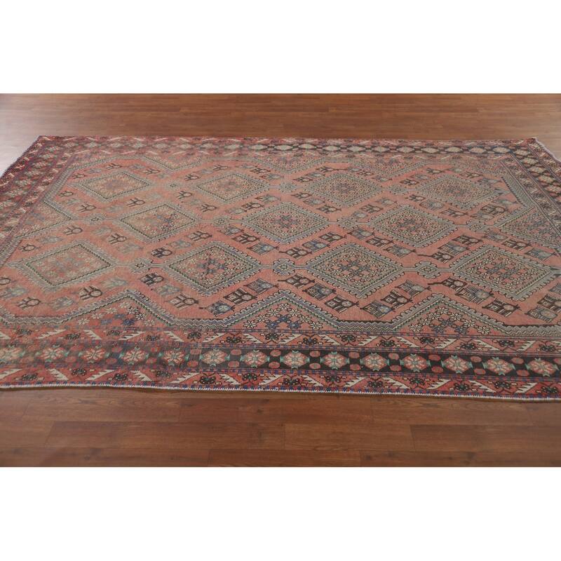 Pink Geometric Joshaghan Vintage Persian Rug Hand-Knotted Wool Carpet - 6'2" x 9'9"
