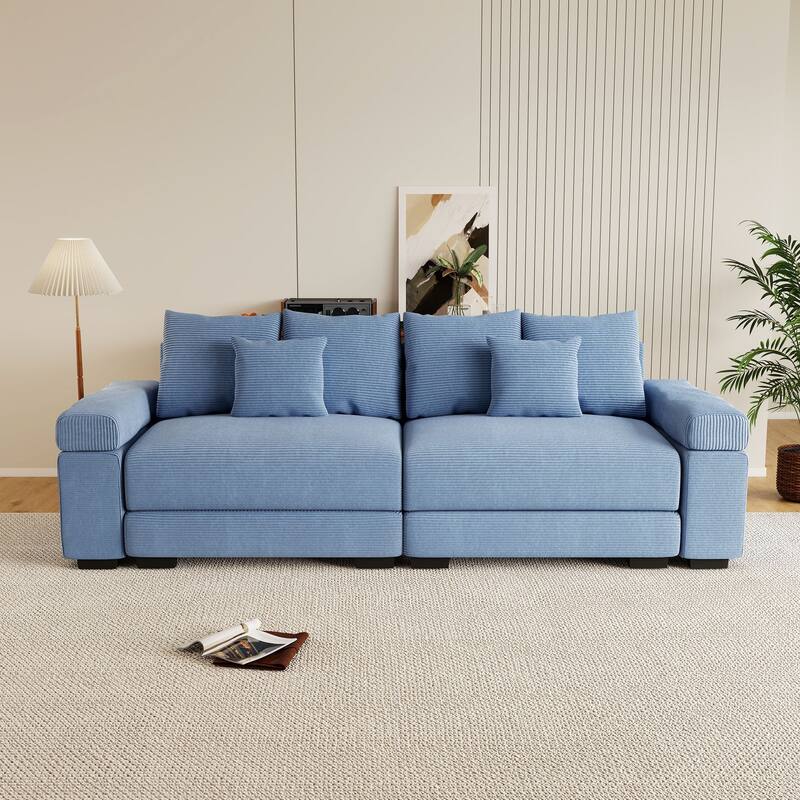Rossetta Modern 92" Oversized Deep Seating Design Corduroy Fabric Extra-Wide Armrests Modular Sectional Couch, with Pillows - Blue