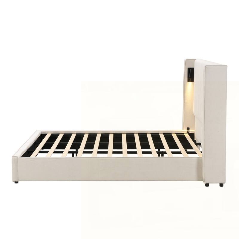 Upholstered Bed Frame with Reading Lamp and USB port