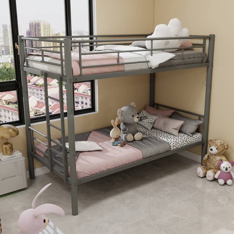 Convertible Twin Over Twin Metal Bunk Bed for Kids, Durable & Safe Design with Ladders & Guardrails - Silver