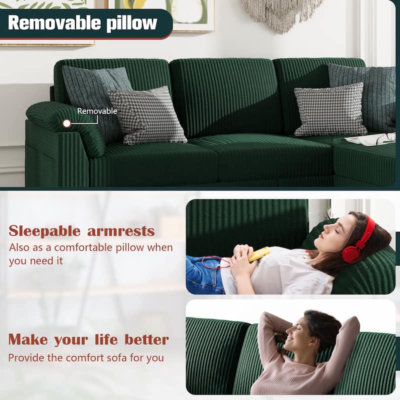 Futzca 79'' Corduroy Sectional Sofa Couch with Removable Pillow