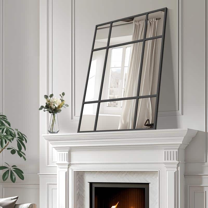 Iron Metal Frame Rectangular Windowpane Wall Mirror Farmhouse Rustic Elegant Decor for Living Room Bedroom Bathroom Entryway