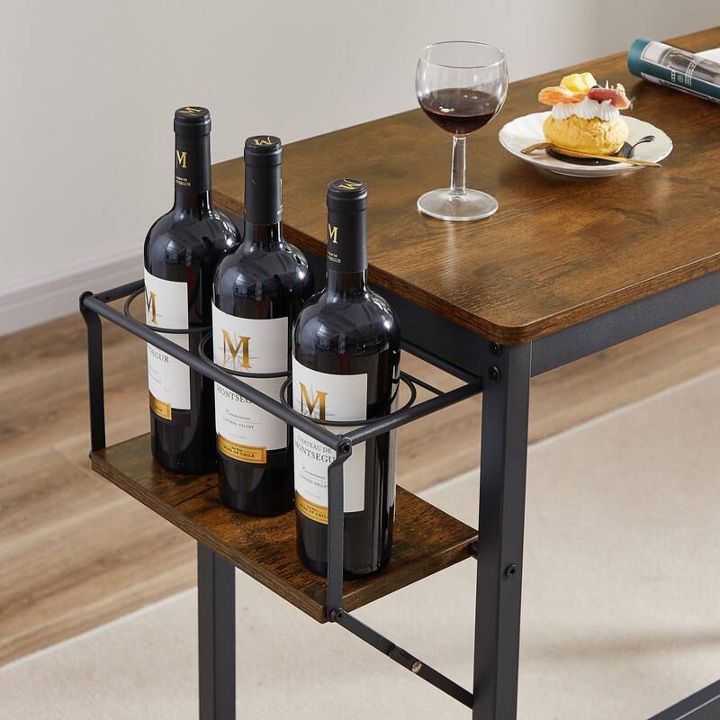 Rustic Brown Bar Table Set with Wine Bottle Storage Rack
