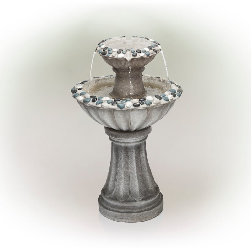 Alpine Corporation 24" Tall Vintage Old World Pedestal Fountain Yard Art Décor with Pebble Inlay