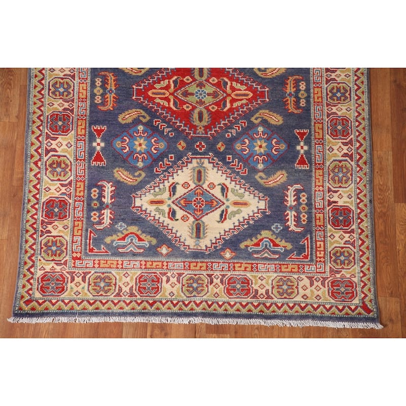 Navy Blue Kazak Area Rug Hand-Knotted Wool Carpet - 4'2" x 6'3"