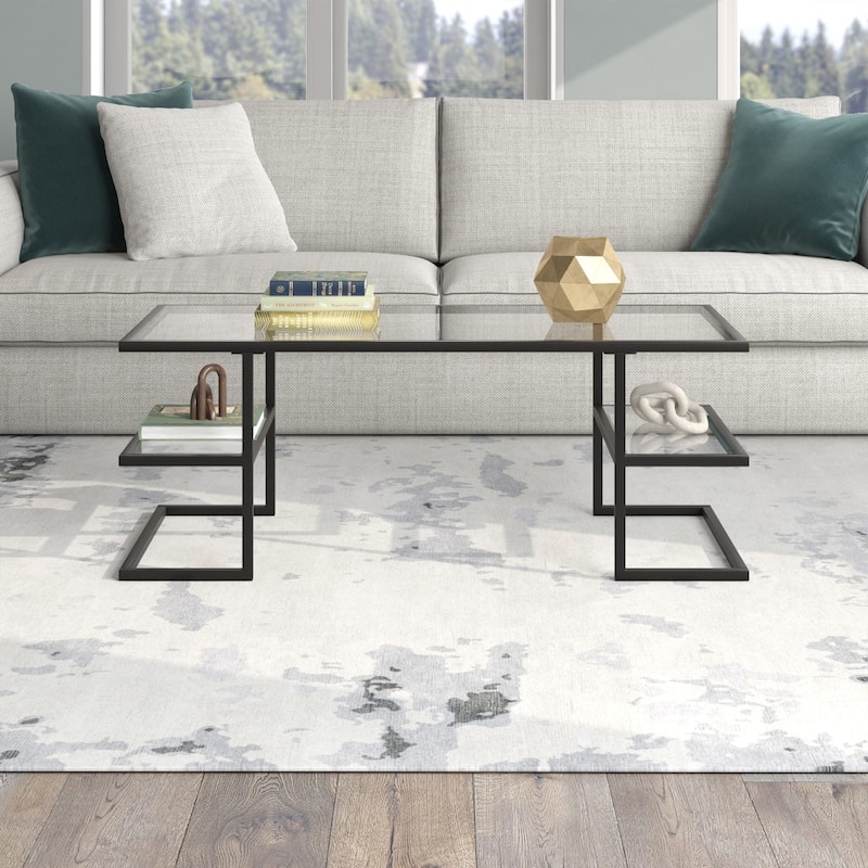 Sleek 47 Inch Rectangular Coffee Table with Glass Top and Steel Frame 2 Shelves for Storage - 47"L x 22"W x 18"H
