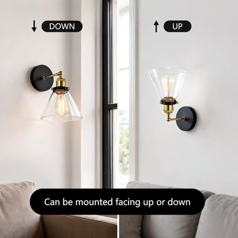 Mateo Black and Antique Brass 1-Light Wall Sconce with Clear Glass Shade