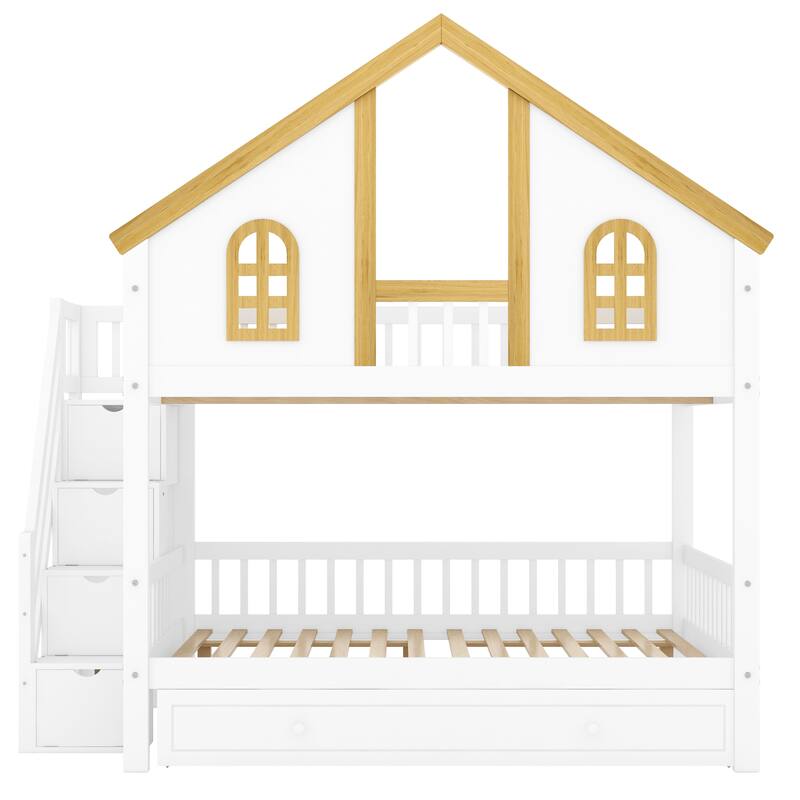 GDFStudio -DreamCottage Modern Wooden House Roof Bunk Bed with Storage Drawers and Staircase