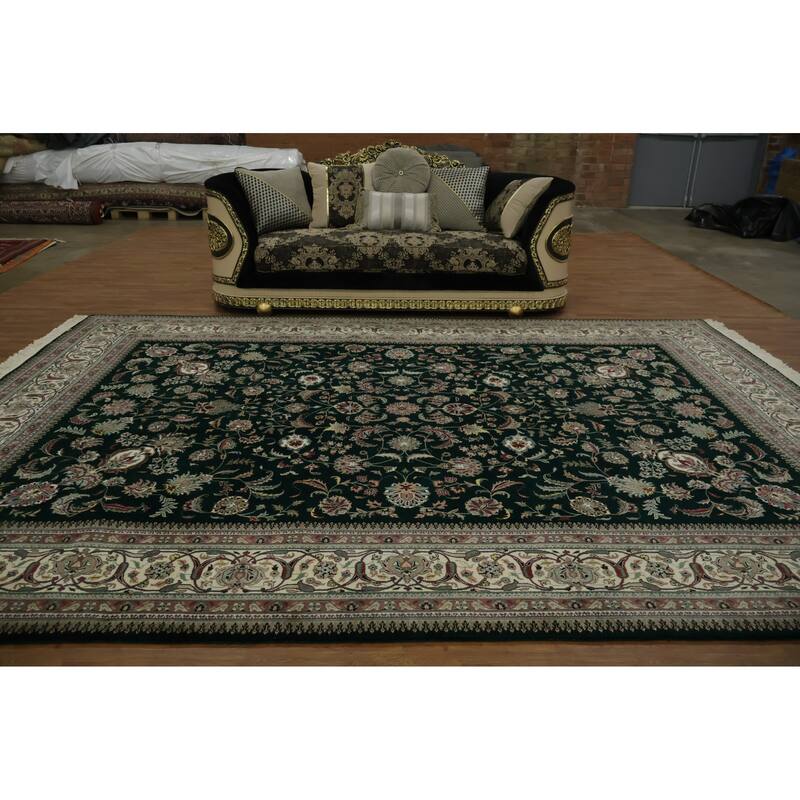Hand Knotted Oriental 100% Wool Carpet Traditional Traditional Green Kashan Area Rug - 13' 7'' X 9' 8''