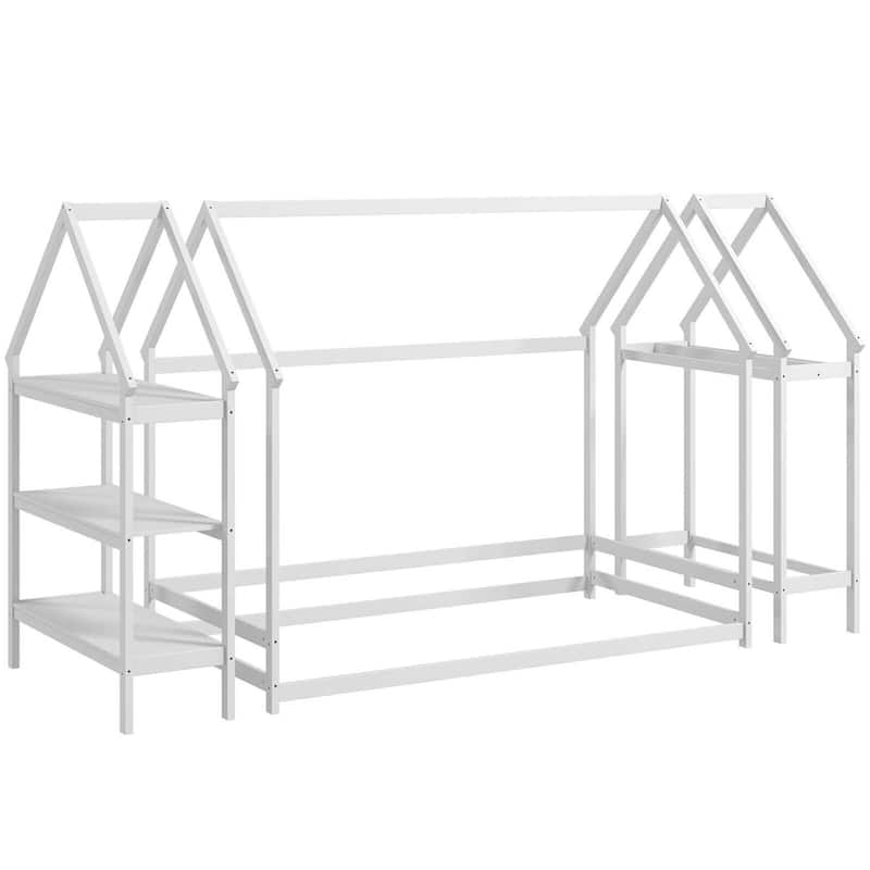 Wood Montessori Floor Bed Twin Floor Bed w/ Storage Bookshelf - White