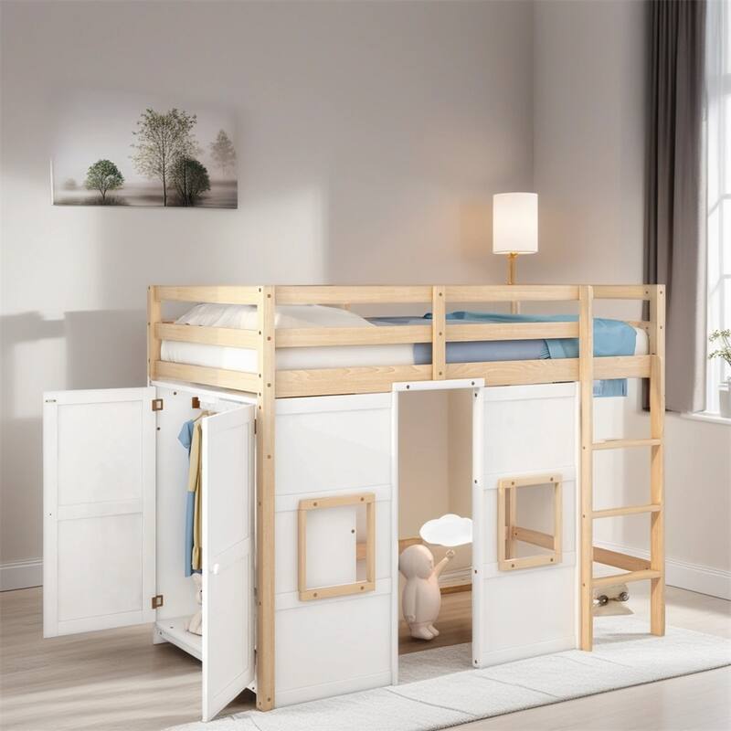 Twin Size Wood Loft Bed with Built-in Storage Wardrobe and Guardrails