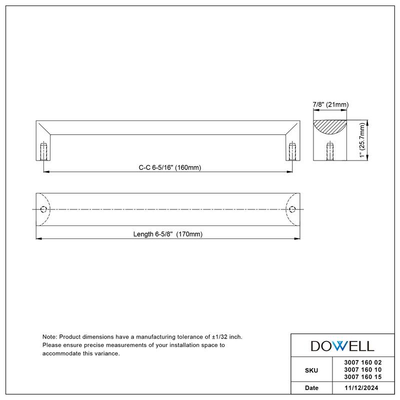 Dowell Series 3007 Handles (160mm/6.3" CTC), Black, 10 Pack - 6.3" - 160mm