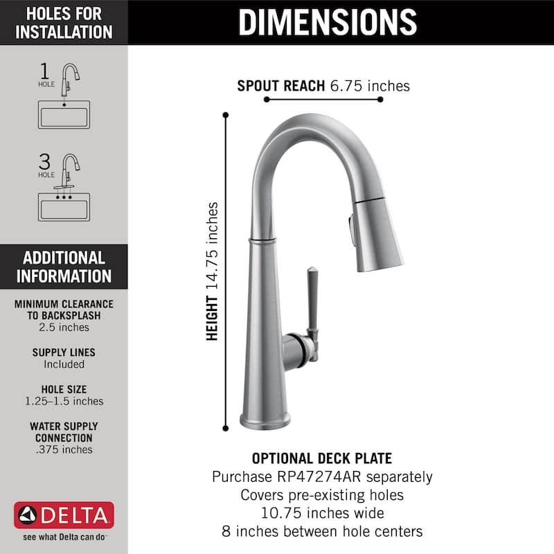 Delta Emmeline 1.8 GPM Single Hole Pull Down Bar/Prep Faucet with