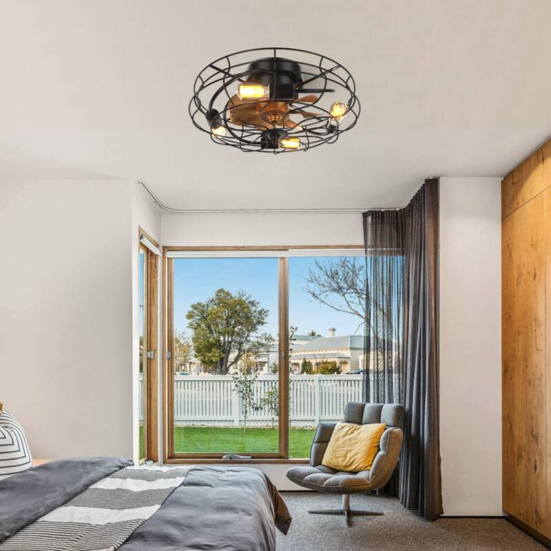 Industrial Style 20 Inch Led Ceiling Fan With Matte Black 6 Speed Wind E26 Remote Control Reversible DC Motor For Bedroom