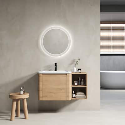 Wall-Mounted Bathroom Vanity with Ceramic Sink and Storage Shelves