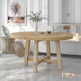 Farmhouse Natural Wood Round Extendable Dining Table with Drop Leaf