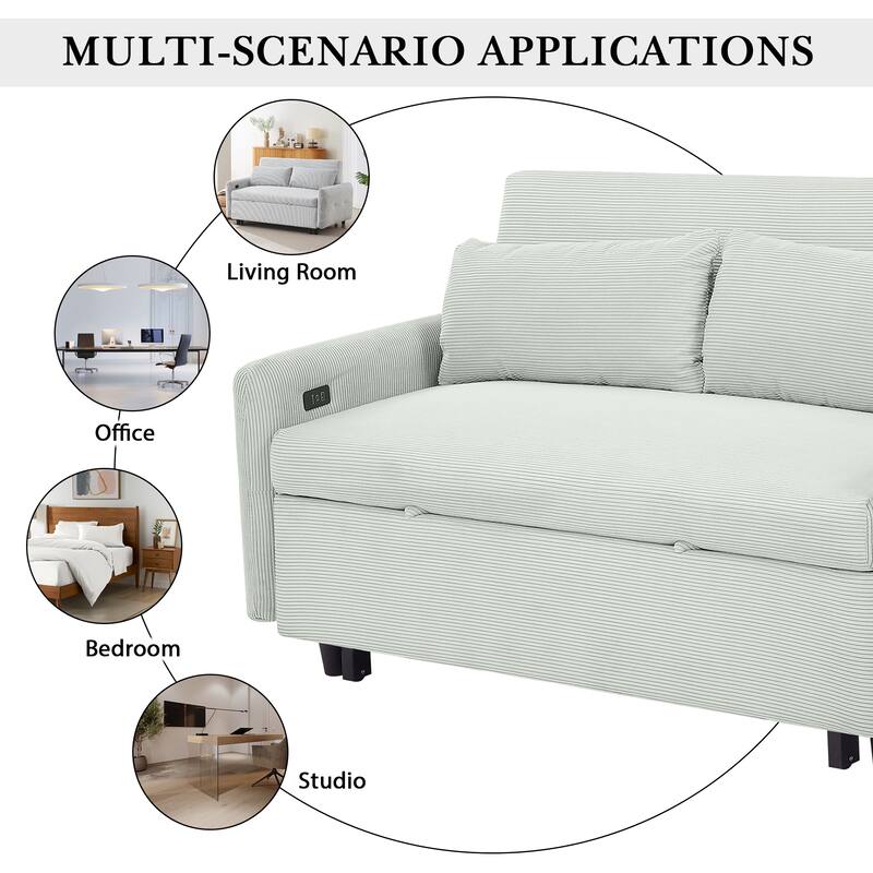 57.48" Corduroy Convertible Sofa Bed with Pull-Out Sleeper, Adjustable Backrest & USB