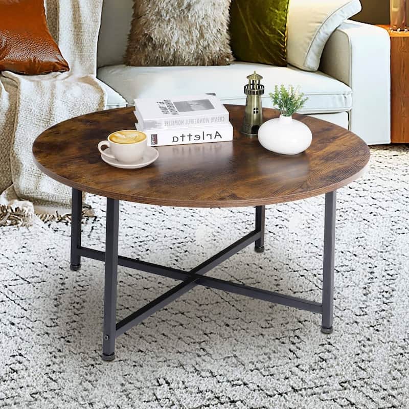 Modern Round Industrial Coffee Table with Rustic Brown Wood Top - 31.5"L x 31.5"W x 15.9"H