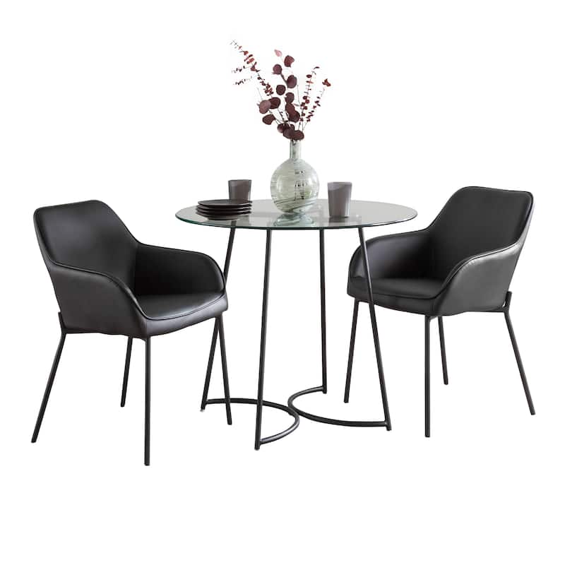 Porch & Den Cece-Galotti 3-Piece Dining Set - Black Faux Leather/Clear Glass/Black Metal