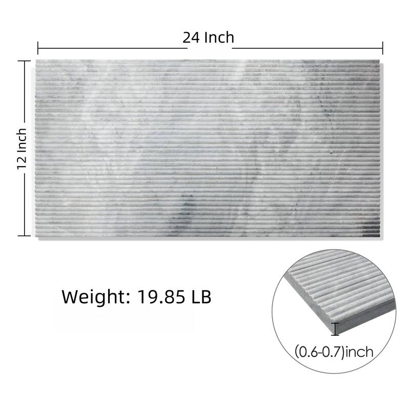 12x24 Inch Carrara Gray 3D Fluted Marble Wall Tile - Textured Finish, 4-Piece Box