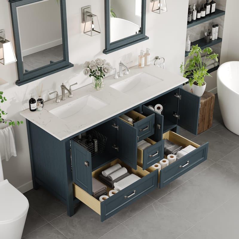 Eviva Britney 60"W x 22"D Ash Blue Bathroom Vanity with White Carrara Quartz Vanity Top and Rectangular Undermount Sink - 60