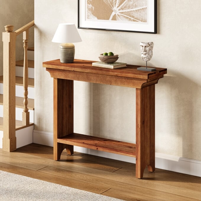39.37" Solid Wood Console Table, Small Entryway Table with Shelf