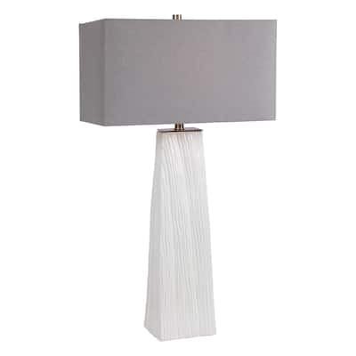 Glossy Hand Carved Tapered Table Lamp with Rectangular Shade - 36" - White