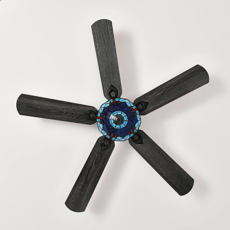 Pluvey 52-Inch Flushmount Lighted Ceiling Fan Blue Red Draginfly Tiffany Glass Lamp Black Finish